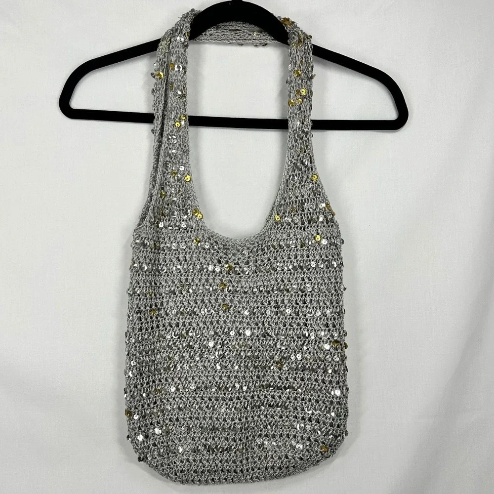 Vintage Y2K Silver Sequin Knit Open Mesh Shoulder Bag Metallic Crochet Hobo Tote